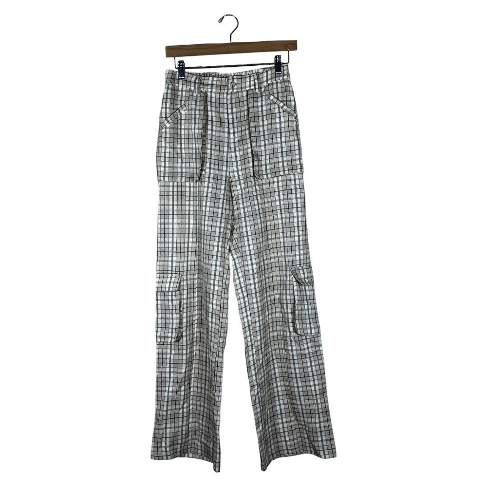 American Threads Plaid Cargo Wide Leg Pants Tan Utility Streetwear Size Medium